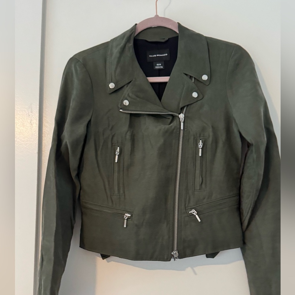 Club Monaco Green Leather Moto Jacket with Silver Zippers